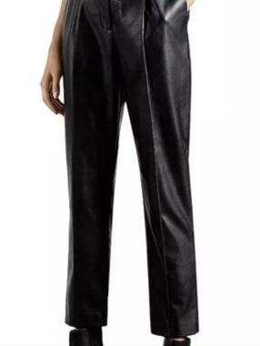 Ted Baker Black Faux Leather Straight-Leg Trousers with Belt